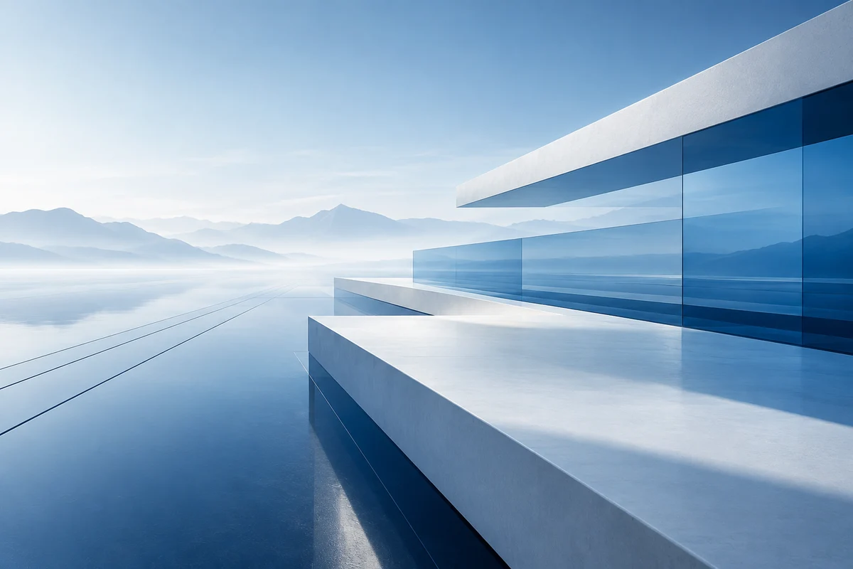 Abstract blue architectural layers extending toward a clear horizon
